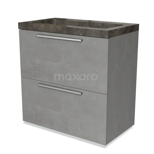 Grey bathroom cabinet with concrete look, two drawers and black basin, modern design and suitable for compact bathrooms.