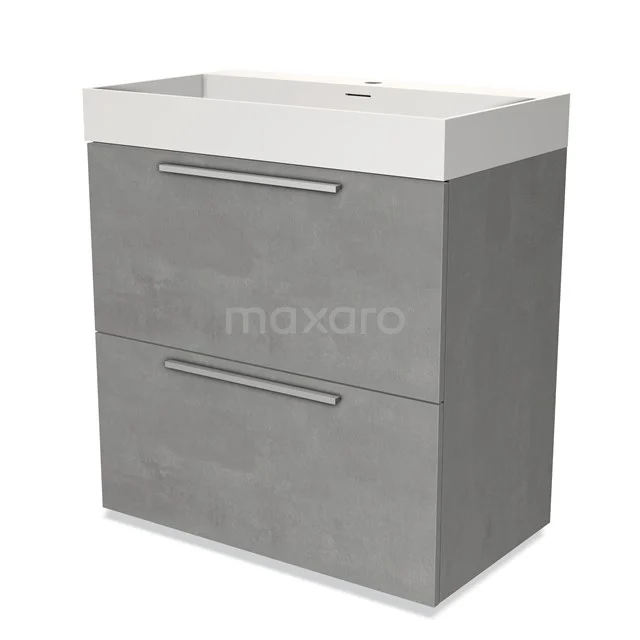 Grey bathroom furniture set with white basin, two drawers and modern metal handles, ideal for a sleek bathroom style.