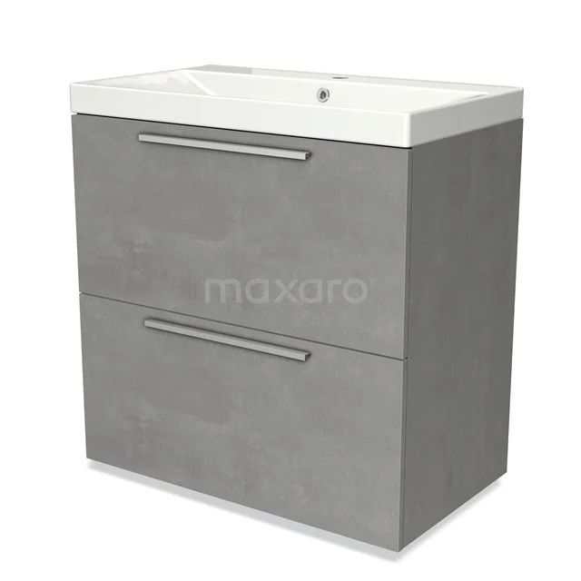 Grey bathroom cabinet with 2 drawers, ceramic basin, modern design and metal handles. Perfect for stylish bathroom storage.