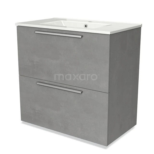 Grey bathroom furniture set with basin, clean lines, modern look, metal handles and two spacious storage drawers.