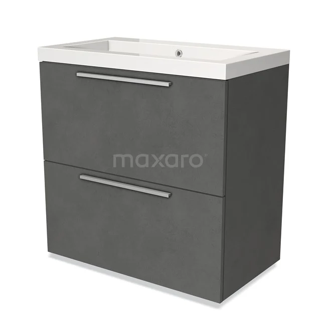 Modern grey bathroom cabinet with two drawers, white basin worktop, rectangular design and metal handles.