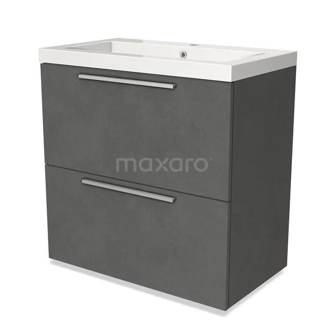 Grauer Badschrank mit zwei Schubladen, integriertem Waschbecken und metallischen Haltegriffen, modernes Design, ideal für Badezimmerlagerung.