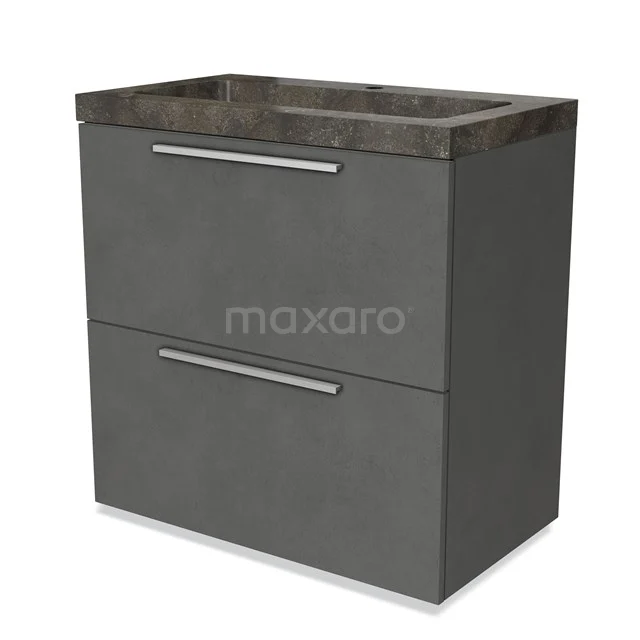 Grauer Badschrank mit zwei Schubladen, Betonlook-Oberfläche und integriertem Waschtischplatte. Modernes und funktionales Design.