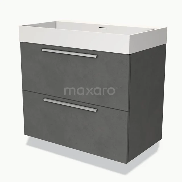 Grey bathroom furniture set with two drawers and white basin, modern design made of concrete-look materials.
