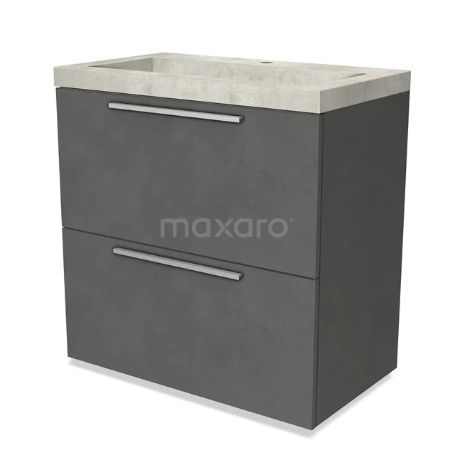 Grey bathroom unit with concrete vanity units with basin, two-drawer cabinet and chrome handles, ideal for modern bathroom spaces.