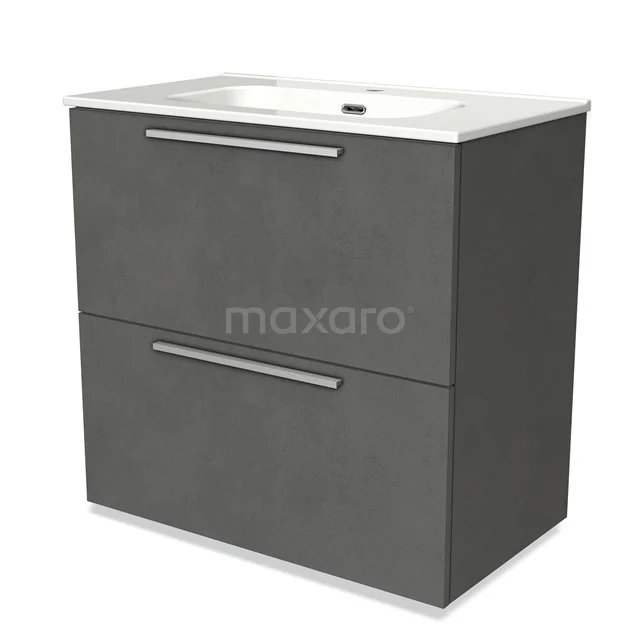 Grey bathroom cabinet with two drawers, modern design, sleek handles, includes white sink, ideal for bathroom storage.