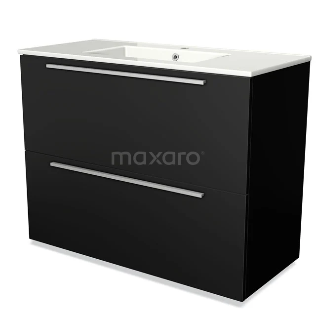 Schwarzer Badschrank mit weißer Keramik-Waschtischplatte, zwei Schubladen mit silberfarbenen Griffen, modernes Design.