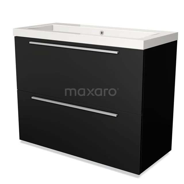 Black bathroom unit with white vanity units with basin, rectangular design, double drawers and sleek, modern finish.