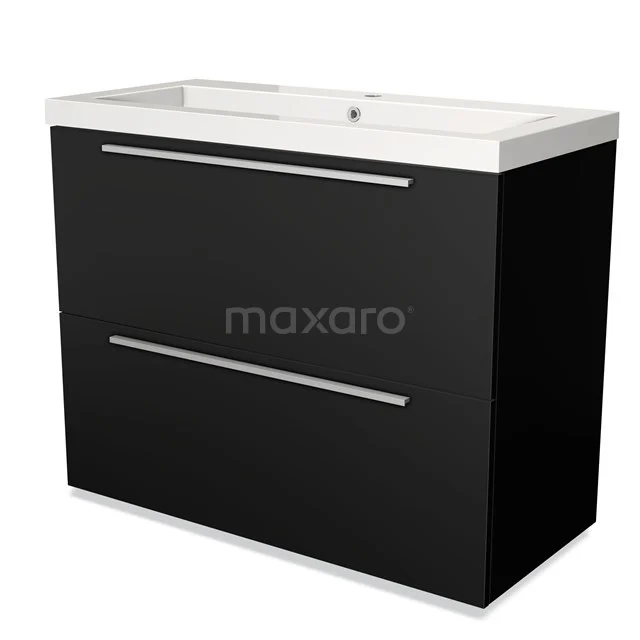 Black bathroom unit with two wide drawers, minimalist design, plastic worktop and integrated vanity units with basin.