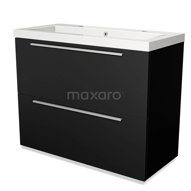Black bathroom furniture set with two drawers, a white Basin and sleek handles, perfect for modern bathrooms.
