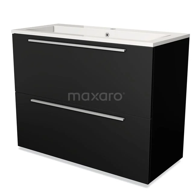 Black bathroom cabinet with two drawers, matte finish, sleek design and integrated Basin, ideal for modern bathrooms.