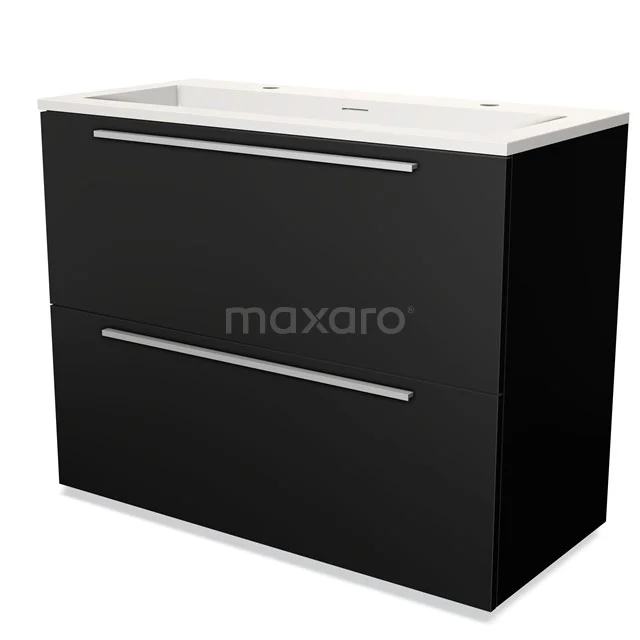 Zwarte badkamermeubel met twee lades, strak design, wit keramische wastafel, ideaal voor moderne badkamerinrichting.