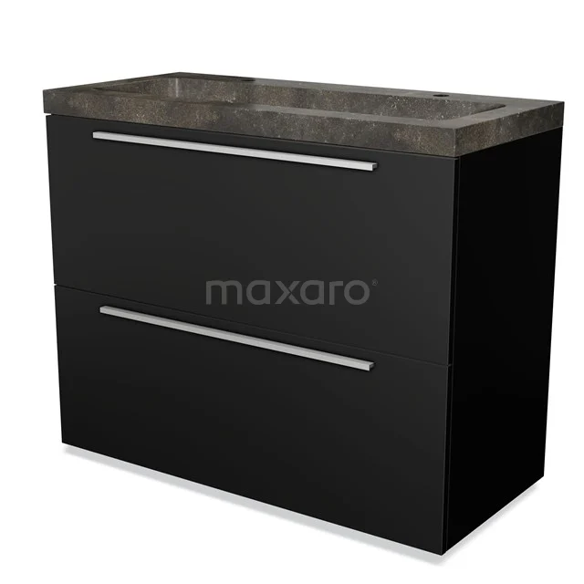 Zwarte badkamermeubel met twee lades en een antraciet wastafelblad, modern design en gladde afwerking.