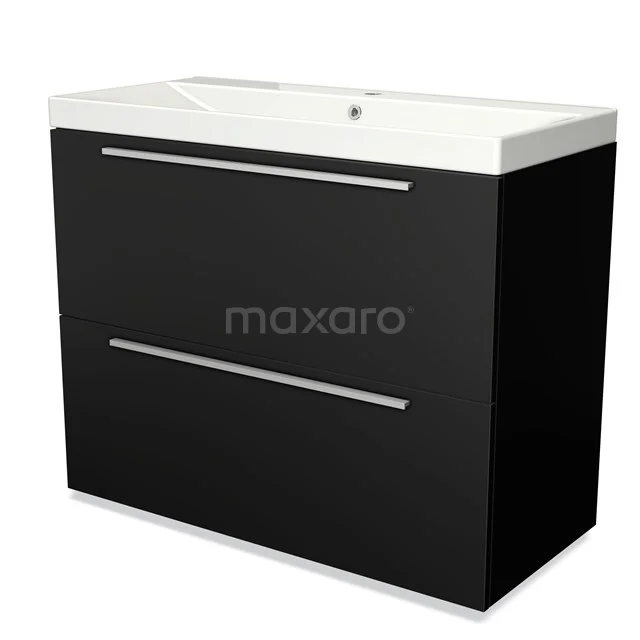 Zwart badkamermeubel met twee lades, witte wastafel, strak design en chroomgrepen. Perfect voor moderne badkamers.