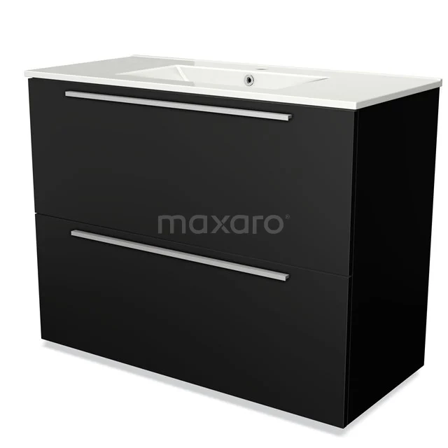Zwarte badkamerkast met keramische wastafel, twee lades en chroomgrepen; strak en modern design voor een stijlvolle badkamer.