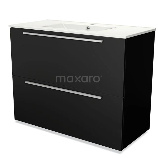 Zwarte badkamermeubel met twee lades en een witte wastafel van keramiek, modern design voor stijlvolle badkamerinrichtingen.