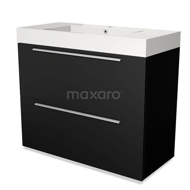 Zwart-wit badkamermeubel met wasbak, strak design, voorzien van twee ladekasten met chromen handgrepen.