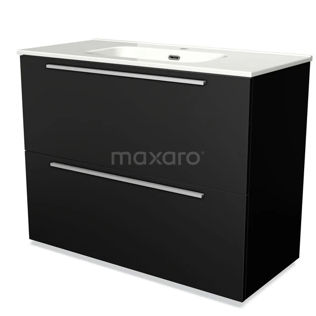 Zwarte wastafelmeubel met dubbele lades en een keramische wastafel, ideaal voor een moderne badkamerinrichting.
