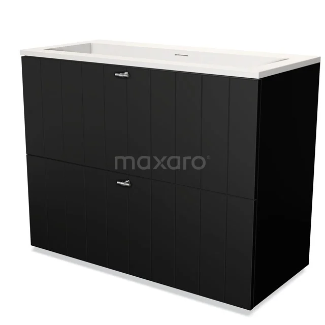 Modulo Vanity units with basin | 100 cm Matte black Slat front Solid surface 2 stacked drawers under each other BMW13-00541 Black Bathroom basin base cabinet with 2 drawers, sleek design, white ceramic basin worktop, ideal storage for a modern bathroom.