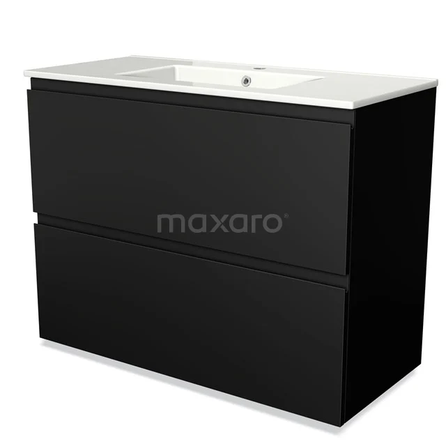 Zwarte badkamermeubel met twee lades, wit keramische wastafel, strak design ideaal voor moderne badkamers.