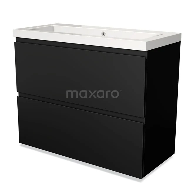 Black bathroom furniture set with a sleek shape, two drawers and a white ceramic basin, ideal for modern bathrooms.