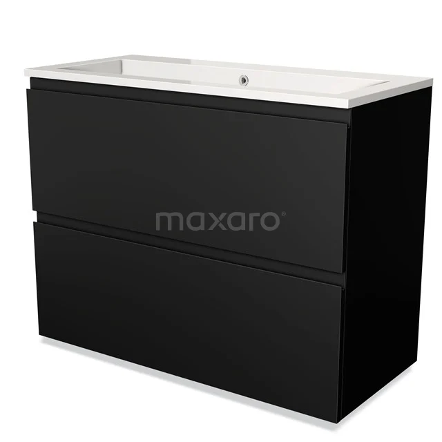 Zwarte badkamermeubelset met twee ladefronten en witte keramische wastafel, strak design geschikt voor moderne badkamers.