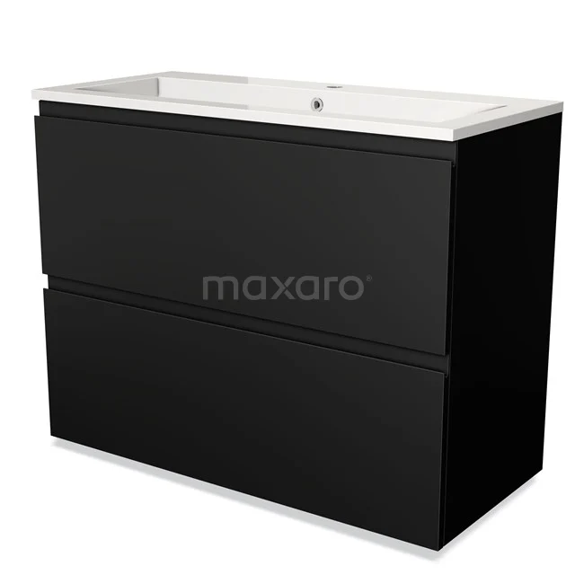 Zwarte badkamermeubel met spoelbak, mat afwerking, strak design, dubbele lades, ideaal voor moderne badkamerruimtes.
