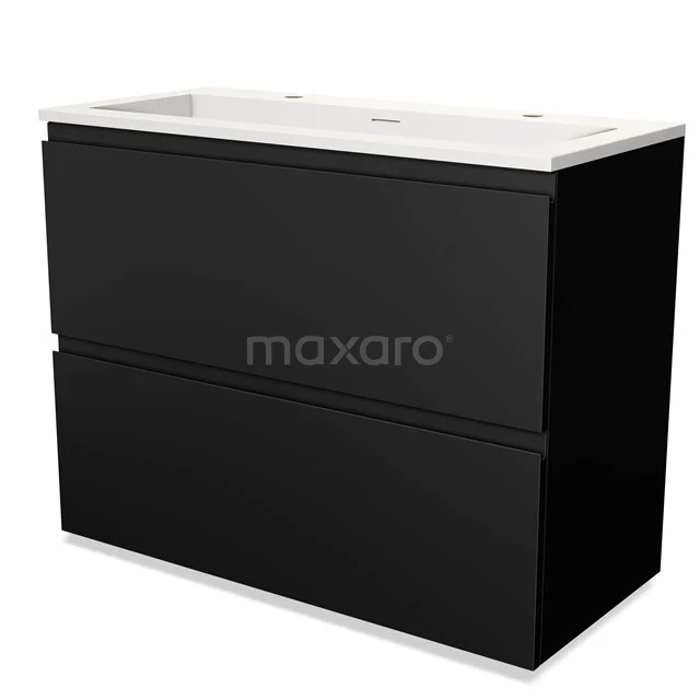 Zwart badmeubel met twee lades, strak design, inclusief witte wastafel; modern en ideaal voor elke stijlvolle badkamer.