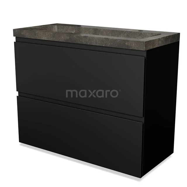Zwart hangend badkamermeubel met betonlook wastafel, twee ruime lades en modern design. Perfect voor een stijlvolle badkamer.