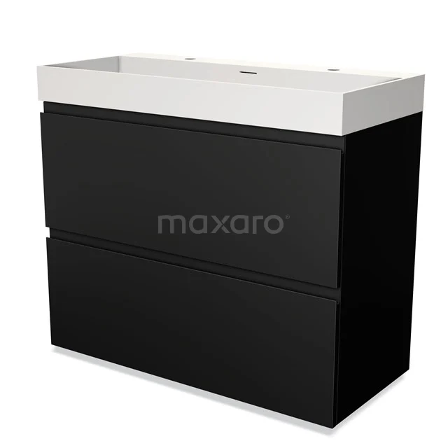 Zwart badkamermeubel met witte wastafel, modern design en twee lades, ideaal voor stijlvolle badkameropslag.