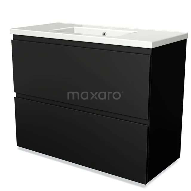 Schwarzer Badschrank mit zwei Schubladen, weißem keramischen Waschbecken, modernes Design, ideal für stilvolle Badezimmerlagerung.