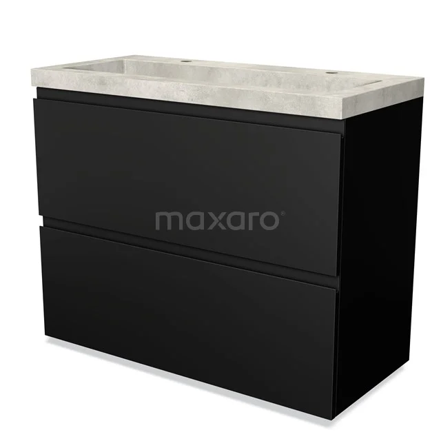 Zwart badkamermeubel met betonlook wastafel, strakke lijnen en twee lades; ideaal voor een moderne badkamerstijl.
