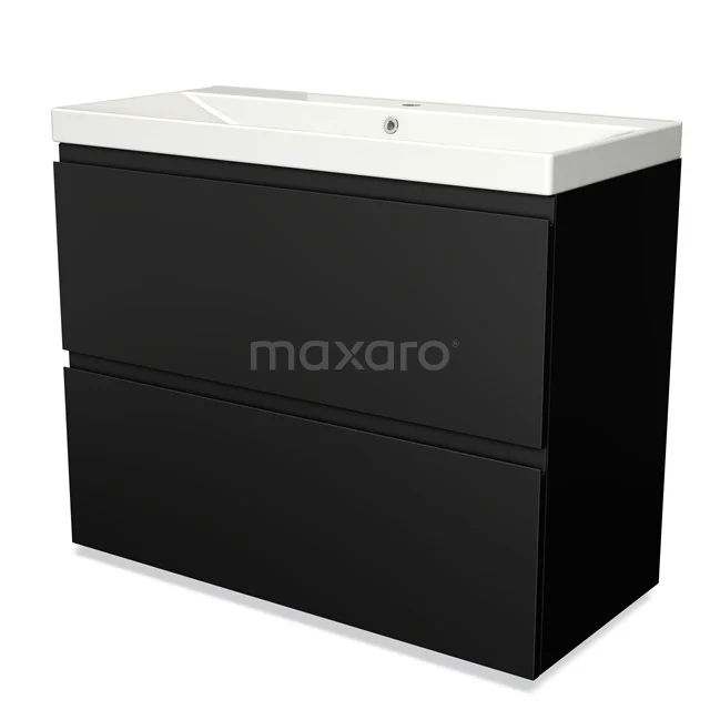 Black bathroom cabinet with basin, sleek design, two drawers, part of modern bathroom unit series.