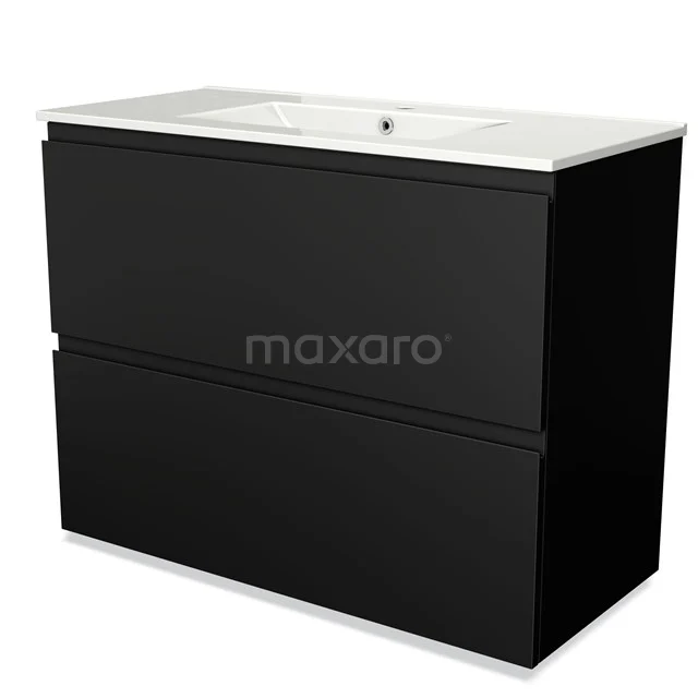 Zwarte badkamerkast met 2 lades, strakke afwerking, wit keramisch wastafelblad, ideaal voor moderne badkamerinrichting.