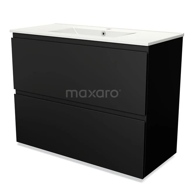 Zwarte badkamermeubelset met twee lades en witte wastafel, strak design en modern afwerking, perfect voor stijlvolle badkamers.