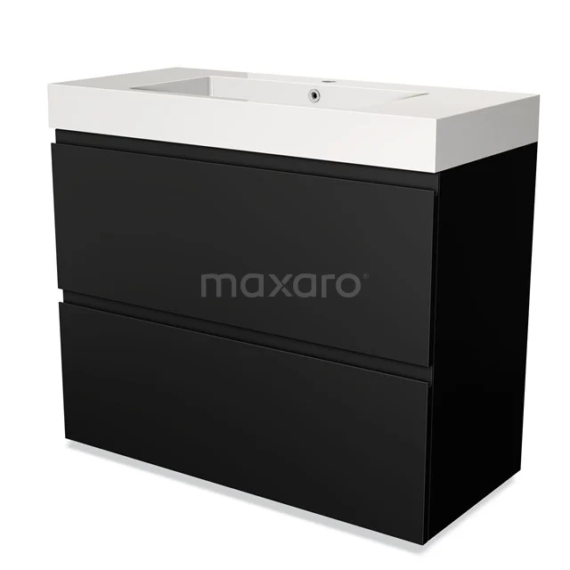 Black bathroom cabinet with white basin, sleek design, two drawers, ideal for modern bathroom storage.
