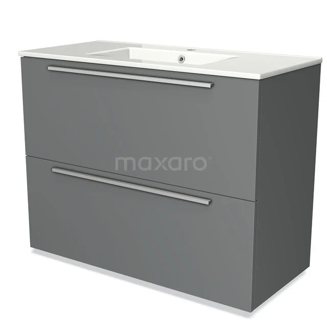 Grijze badkamerkast met wastafel, modern design, twee ruime lades, strak afgewerkt voor een stijlvolle en functionele badkamer.