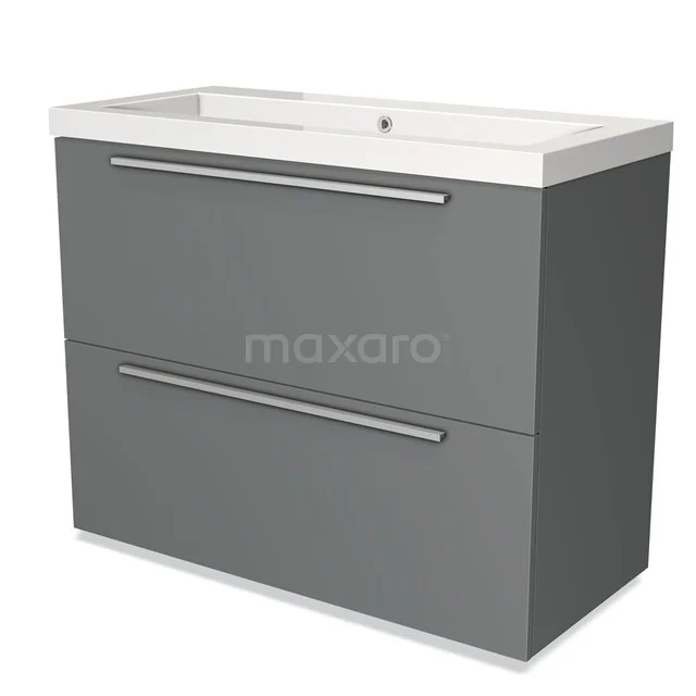 Grijze badkamermeubelset met twee lades, strak design, witte wastafel en moderne aluminium handgrepen.