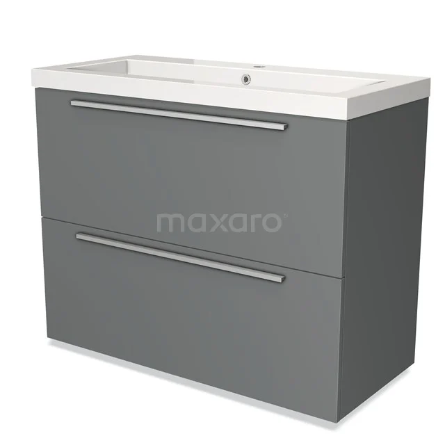 Grijze badkamerkast met twee lades en een geïntegreerde witte wastafel, modern design en geschikt voor stijlvolle badkamers.