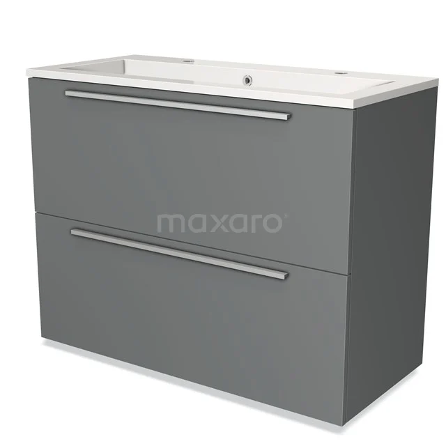 Grijze badkamermeubelset met dubbele lades, strak design en witte wastafel; ideaal voor moderne badkameropslag.