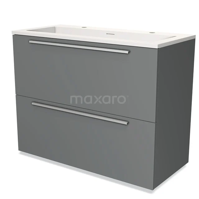 Grijze badmeubelset met twee lades, strak design en mat afwerking, ideaal voor moderne badkameropslag.