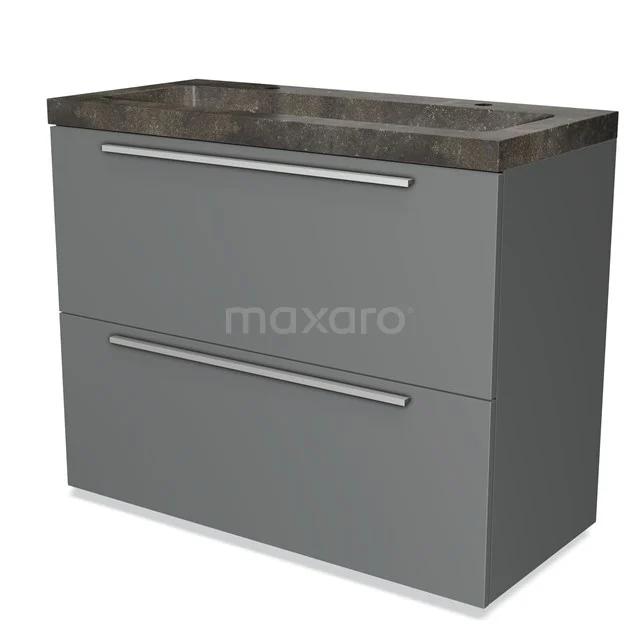 Grijze badkamermeubel met twee lades, keramische wastafel en een modern design, ideaal voor stijlvolle badkamerinrichting.