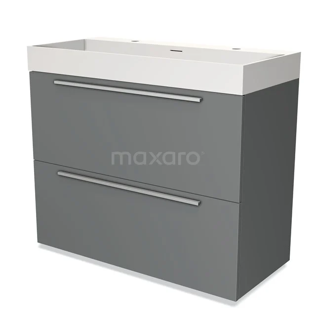 Grijze badkamerkast met twee lades, witte wastafel en strakke handgrepen, perfect voor moderne badkamers.
