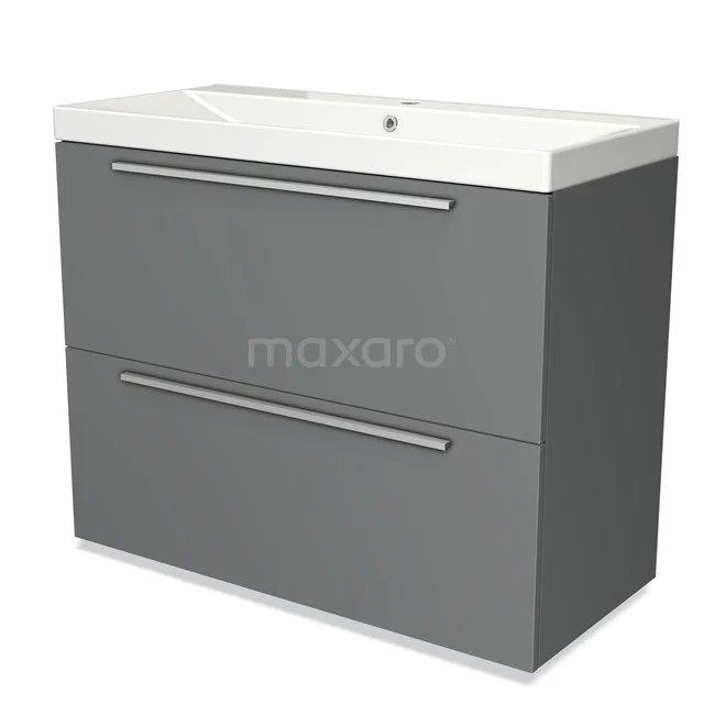 Grijze badkamerkast met keramische wastafel, strakke lades en metalen handgrepen, ideaal voor moderne badkamers.