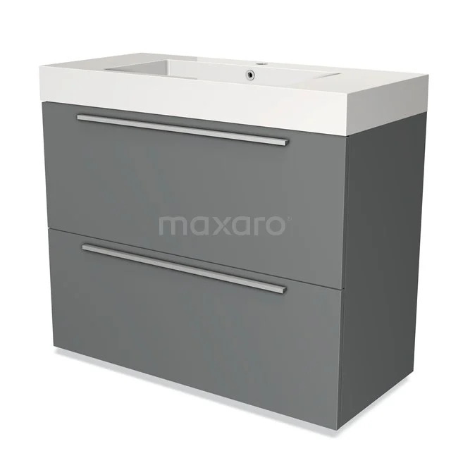 Grijze badkamerkast met twee laden en witte geïntegreerde wastafel, modern design, ideaal voor stijlvolle badkameropslag.