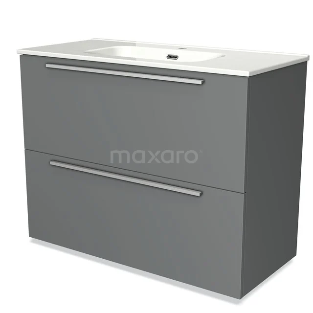 Grey bathroom furniture set with two drawers, modern finish and built-in basin, ideal for stylish bathroom storage.