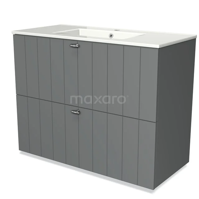 Grijs houten badkamermeubel met twee lades, ingebouwde wastafel en modern lijnpatroon, perfect voor strakke badkamerinrichting.