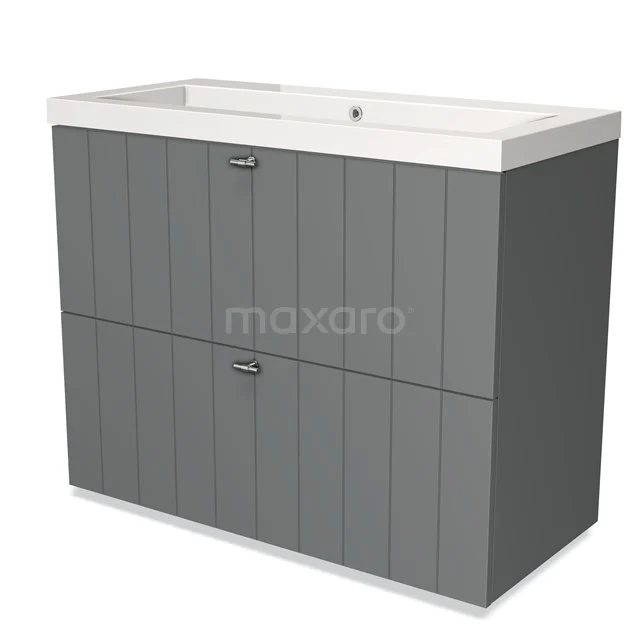 Grijze badkamermeubelset met twee deuren, verticale groeven en witte keramische wastafel, modern en strak ontwerp.