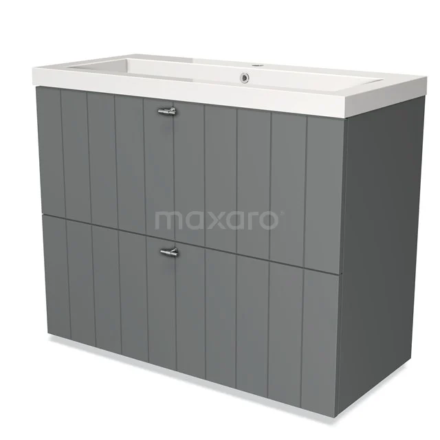 Grijze badkamermeubelset met verticale panelen, dubbele opbergladen en geïntegreerde wastafel van keramiek.