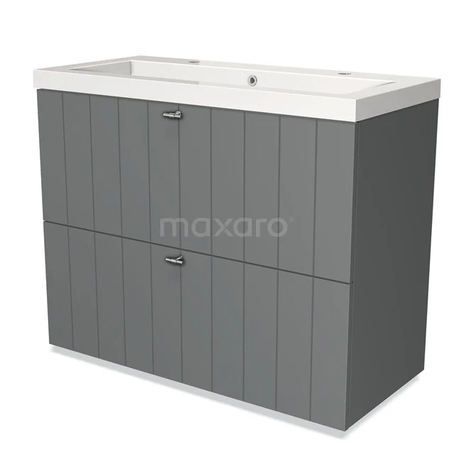 Grijze wastafelonderkast met dubbele lades, houtlook design en geïntegreerde wasbak, ideaal voor een moderne badkamer.